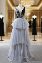 A-Line Gray Tulle Black Velvet Bateau Backless Evening Prom Dresses