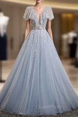 A-Line Gray Tulle Sequins Evening Prom Dresses