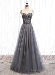 A-Line Gray Tulle Spagehtti Straps Sequins Prom Dress