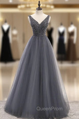 A-Line Gray Tulle V-neck Backless Beading Evening Prom Dresses