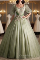 A Line Green Applique Evening Prom Dresses Sweet Tulle Birthday Party Dresses