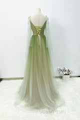 A-Line Green Gradient Tulle Long Sleeves Party Dresses, V-Neckline Green Formal Dresses Evening Prom Dresses
