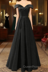 A-Line Green Off Shoulder Long Evening Prom Dresses, Green Formal Evening Dresses