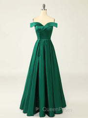 A-Line Green Off Shoulder Long Evening Prom Dresses, Green Formal Evening Dresses