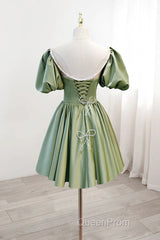 A Line Green Puffy Sleeve Satin Short Evening Prom Dresses Homecoming Dresses