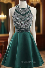 A-Line Green Satin Crystal Short Homecoming Dresses
