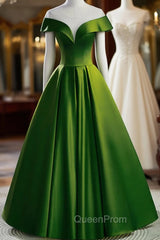 A-Line Green Satin Floor Length Party Dresses, Green Long Evening Dresses