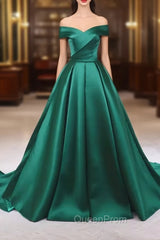 A-line Green Satin Sweetheart Evening Dresses, Green Long Evening Dresses Evening Prom Dresses