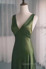 A-Line Green Satin V-Neckline Low Back Evening Prom Dresses, Green Evening Dresses