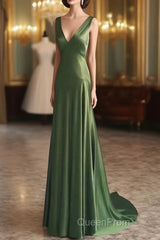A-Line Green Satin V-Neckline Low Back Evening Prom Dresses, Green Evening Dresses