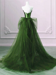 A-Line Green Sequins And Tulle Long Party Dress, Green Evening Dress Formal Dress
