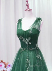 A-Line Green Sweetheart Beaded Tulle Evening Prom Dresses, Green Tulle Long Evening Dresses
