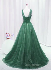 A-Line Green Sweetheart Beaded Tulle Evening Prom Dresses, Green Tulle Long Evening Dresses