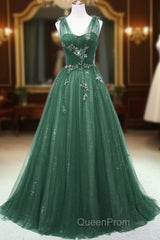 A-Line Green Sweetheart Beaded Tulle Evening Prom Dresses, Green Tulle Long Evening Dresses