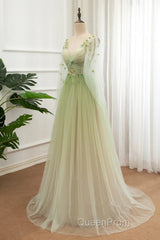 A-Line Green Tulle Gradient Long Party Dresses, Green Floor Length Formal Dresses
