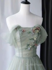A-Line Green Tulle Long Evening Prom Dresses, Green Formal Evening Dresses