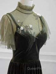 A-Line Green Velvet Long Wedding Party Dresses, High Neckline Evening Prom Dresses Evening Dresses