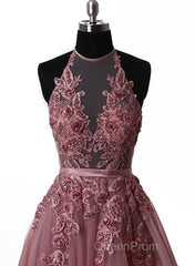 A Line Halter Neck Lace Evening Prom Dresses With Sweep Train, Backless Formal Dresses, Evening Dresses