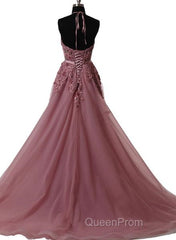 A Line Halter Neck Lace Evening Prom Dresses With Sweep Train, Backless Formal Dresses, Evening Dresses