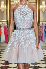 A Line Halter Neck Short Pink Lace Evening Prom Dresses with Belt, Pink Lace Formal Graduation Homecoming Dresses