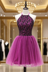 A-line Halter Short Mini Flowers Appliques Lace Beaded Elegant Short Cocktail Dresses