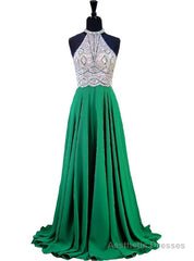 A-line Halter Sleeveless Beaded Floor Length Chiffon Prom Dress
