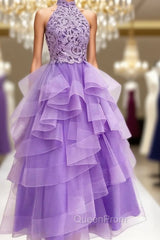 A-Line High Neck Light Purple Tulle Appliques Long Evening Prom Dresses with Beading