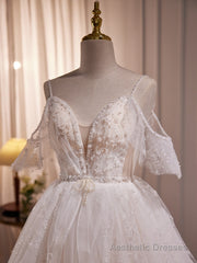 A-line Ivory Beaded Tulle Long Wedding Party Dress, Ivory Tulle Floor Length Prom Dress