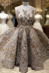 A-Line Jewel Sleeveless Short Evening Prom Dresses With Lace Appliques