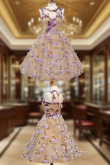 A-Line Jewel Tea-Length Open Back Champagne Tulle Homecoming Dresses With Appliques Flowers