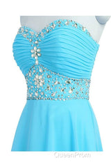 A-Line Knee Length Chiffon Blue Homecoming Dresses With Crystals