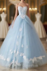 A-Line Lace Chicken Heart Collar Blue Long Ball Dresses Sky Blue Evening Prom Dresses