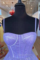 A-Line Lavender Shiny Tulle Evening Prom Dresses, Long Spaghetti Strap Evening Dresses