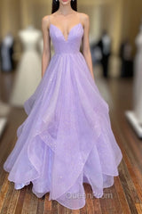 A-Line Lavender Shiny Tulle Evening Prom Dresses, Long Spaghetti Strap Evening Dresses