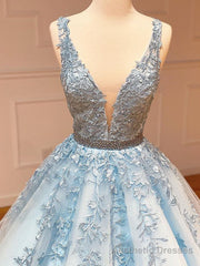 A Line Light Blue V Neck Lace Long Prom Dress