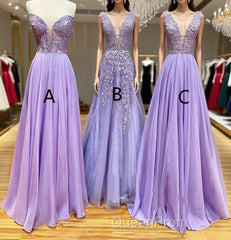 A-Line Long Lace Purple Evening Prom Dresses V-Neck Lilac Party Dresses
