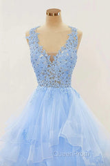 A-Line Long Layers Lace Evening Prom Dresses Light Blue Beaded Appliques