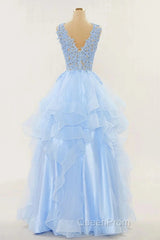 A-Line Long Layers Lace Evening Prom Dresses Light Blue Beaded Appliques