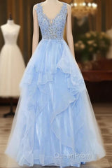 A-Line Long Layers Lace Evening Prom Dresses Light Blue Beaded Appliques