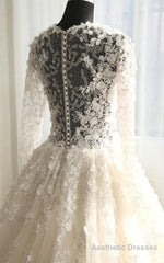 A-Line Long Sleeve Bell Beading Appliques Flower Zipper Keyhole Tulle Lace Dress