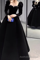 A Line Long Sleeves Black Velvet Prom Dresses