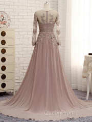 A Line Long Sleeves Lace Evening Prom Dresses Chiffon Evening Gown