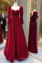 A Line Long Sleeves Red Velvet Evening Prom Dresses