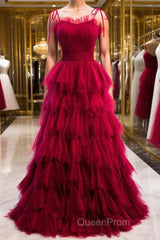A-Line Long Spaghetti Strap Red Evening Prom Dresses,Black Layers Tulle Evening Dresses