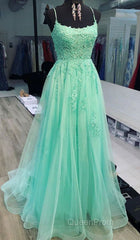 A Line Mint Green Lace Long Evening Prom Dresses, Mint Green Lace Formal Graduation Evening Dresses