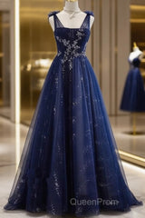 A-Line Navy Blue Tulle Beaded V-Neckline Party Dresses, Navy Blue Shiny Tulle Evening Prom Dresses