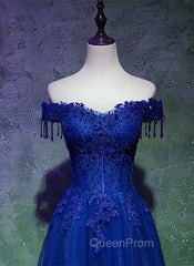 A-line Off Shoulder Blue Beaded and Lace Long Party Dresses, Blue Evening Dresses