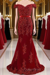 A Line Off Shoulder Burgundy Lace Evening Prom Dresses, Burgundy Lace Formal Dresses, Bridesmaid Dresses