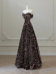 A-Line Off Shoulder Coffee Gold Sequin Long Prom Dress, Coffee Gold Formal Dress