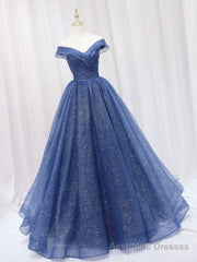 A-Line Off Shoulder Dark Blue Long Prom Dress, Shiny Tulle Long Graduation Dress